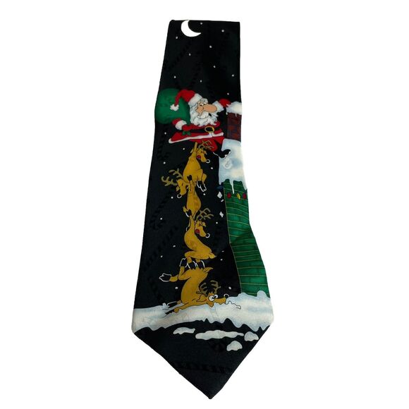 Yule Tie Greetings Hallmark Tie 100% Silk Santa Reindeer Chimney Multicolor - Picture 6 of 6